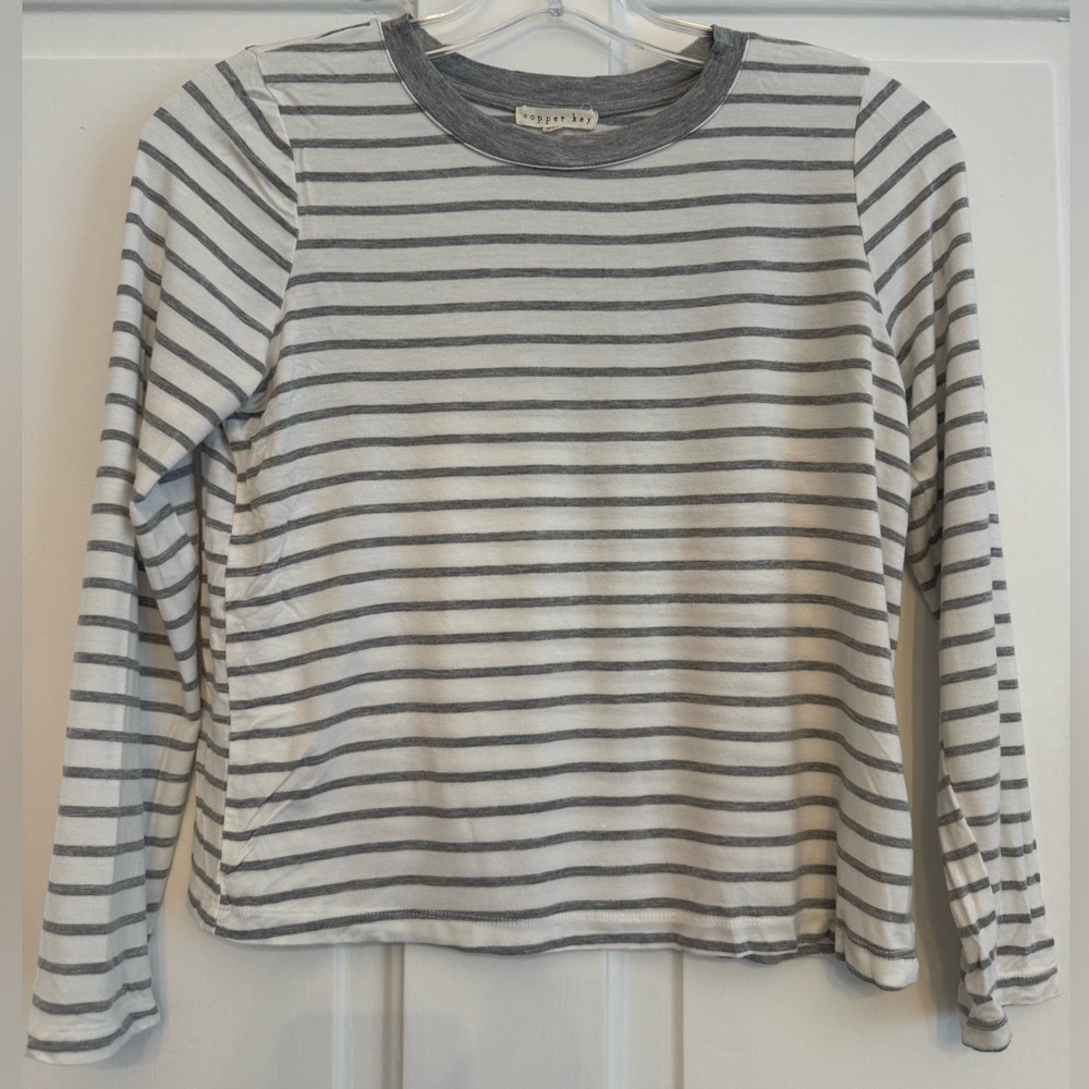 Girls Copper Key Gray and White Striped Top
